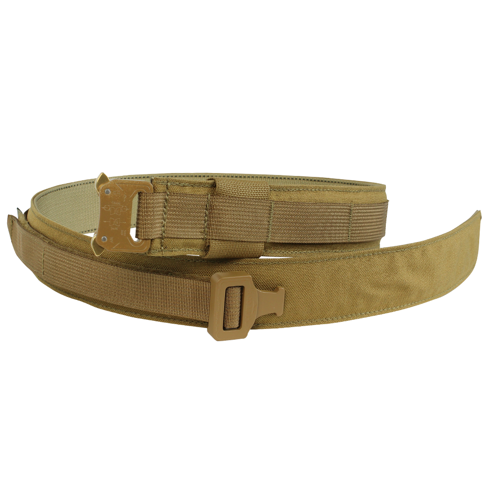 The Condor Cobra Gun Belt in MultiCam features a sturdy buckle and reinforced stitching, perfect for EDC or bushcraft, shown coiled on a white background.