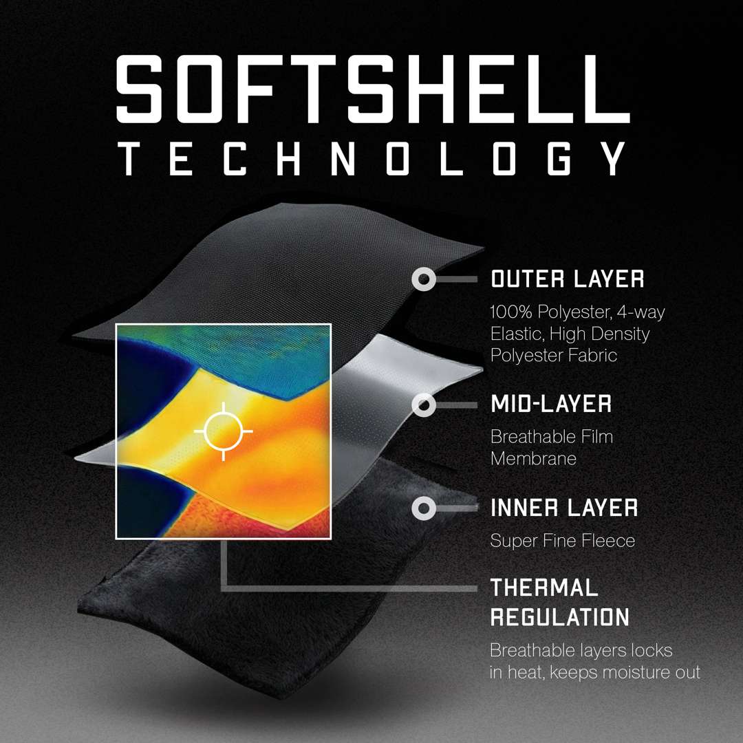 The Condor Core Softshell Vest features a three-layer design: an outer polyester shell, a breathable mid-layer film, and a super fine fleece lining for thermal regulation and moisture control.