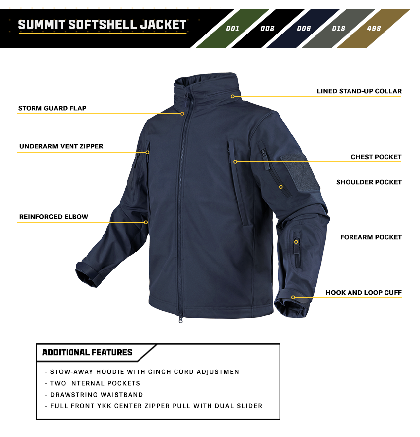The Condor Summit Softshell Jacket is a dark cold-weather jacket with front, bicep, chest, and forearm pockets, thermal insulation, adjustable cuffs, a concealed hood, underarm vent zippers, and a drawstring waistband.