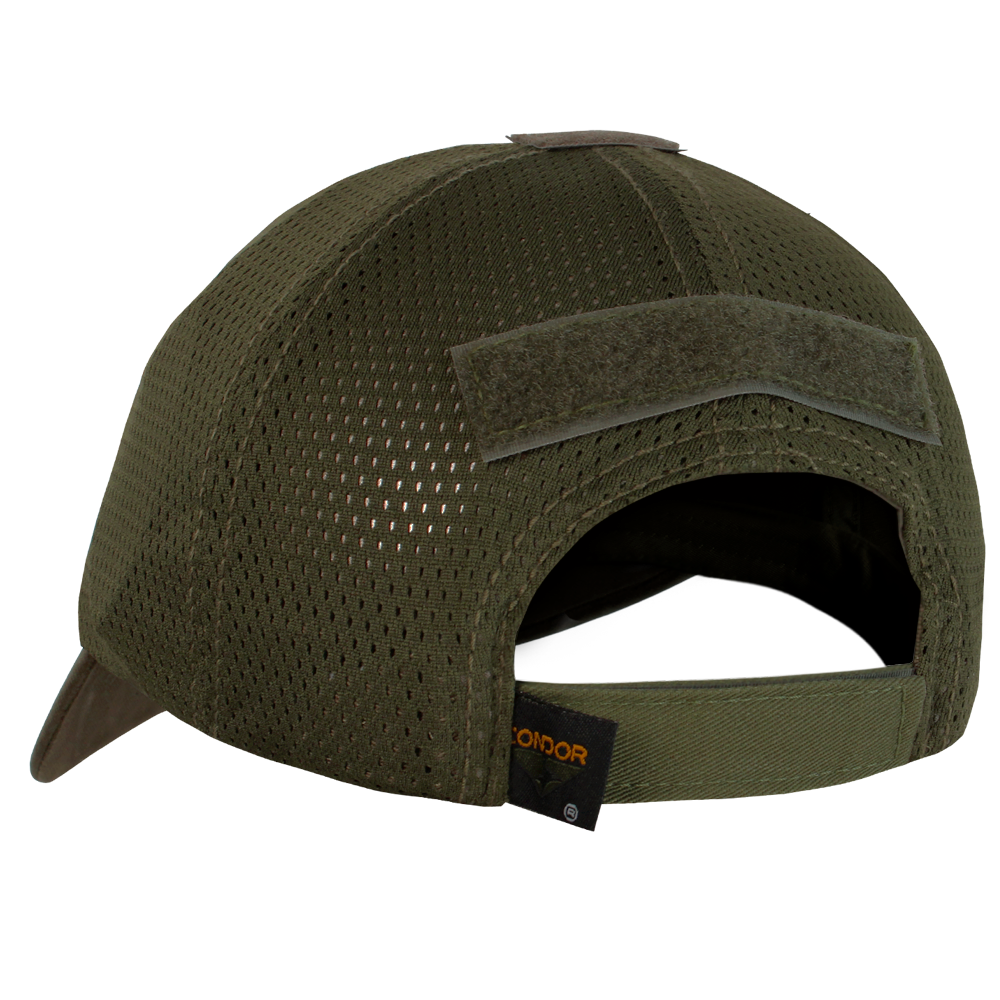 The Condor Tactical Mesh Cap - MultiCam Arid is shown from the back, featuring a velcro strap and a rectangular patch above the opening—perfect for everyday carry or shooting range use.