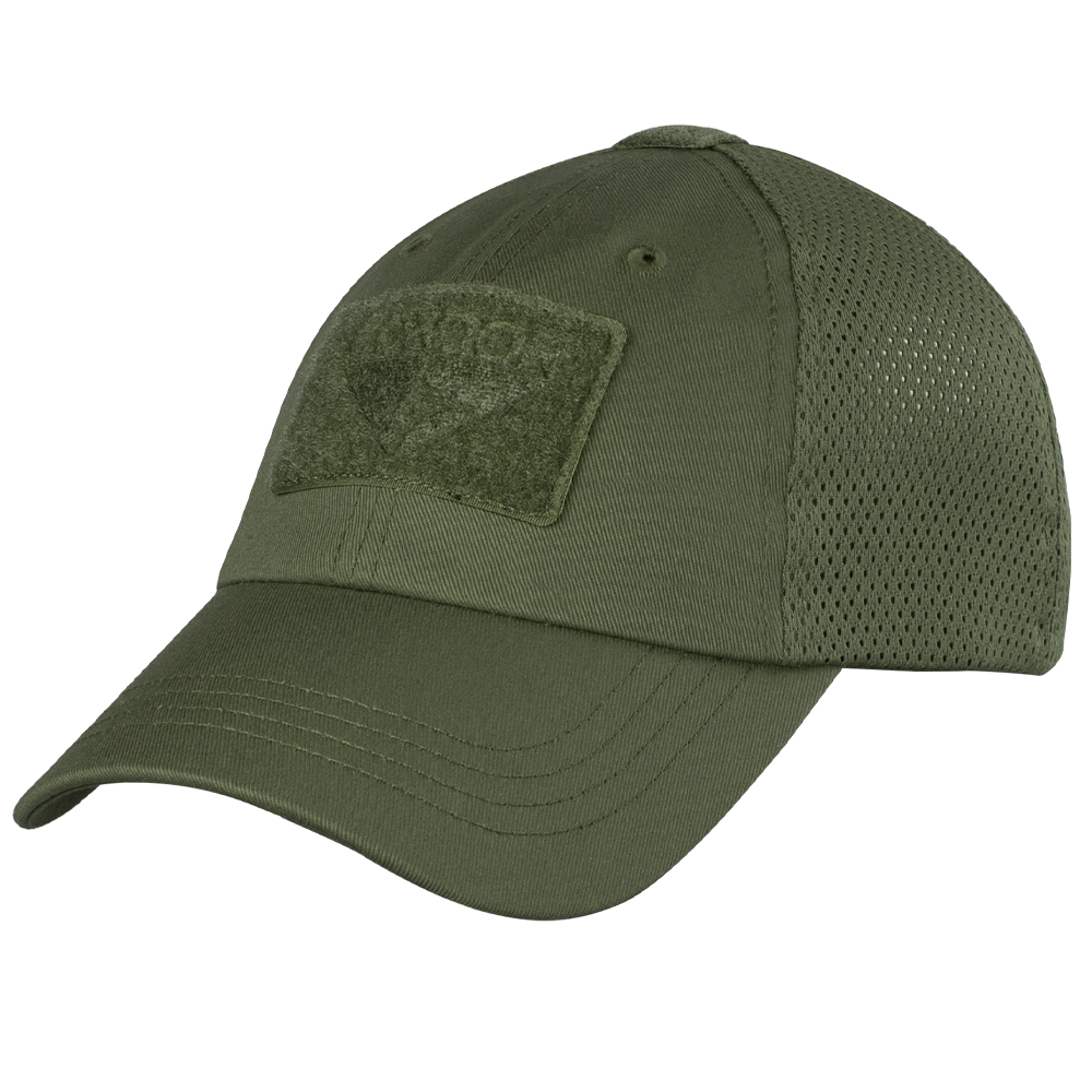 The Condor Tactical Mesh Cap in Olive Drab features a mesh back, front rectangular patch, adjustable strap, and is made from moisture-wicking polyester for all-day comfort.