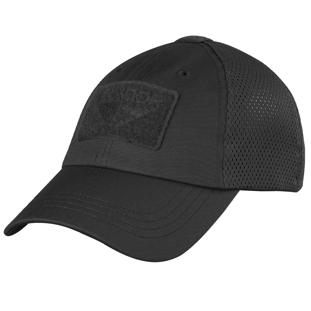 The Condor Tactical Mesh Cap in black is crafted from moisture-wicking polyester and features a curved brim, adjustable strap, and a rectangular Velcro patch on the front.