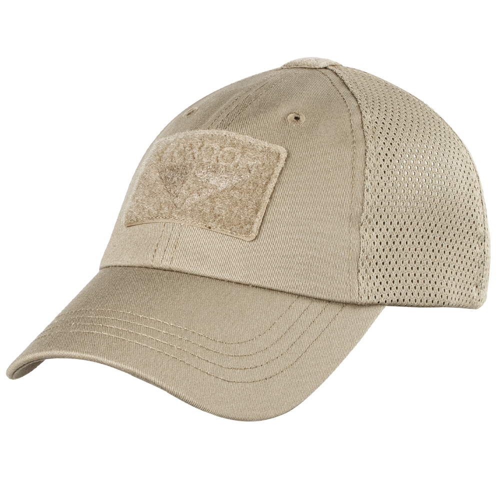 The Condor Tactical Mesh Cap in tan features a front velcro patch, moisture-wicking polyester mesh back, and an adjustable strap for comfort.