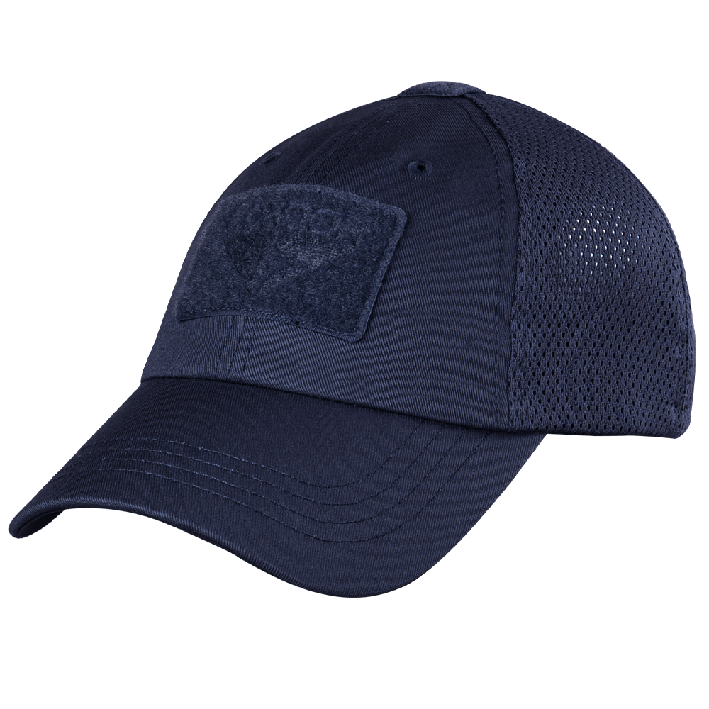 The Condor Tactical Mesh Cap in navy features moisture-wicking polyester, mesh back panels, and a front Velcro patch for comfort and easy customization.