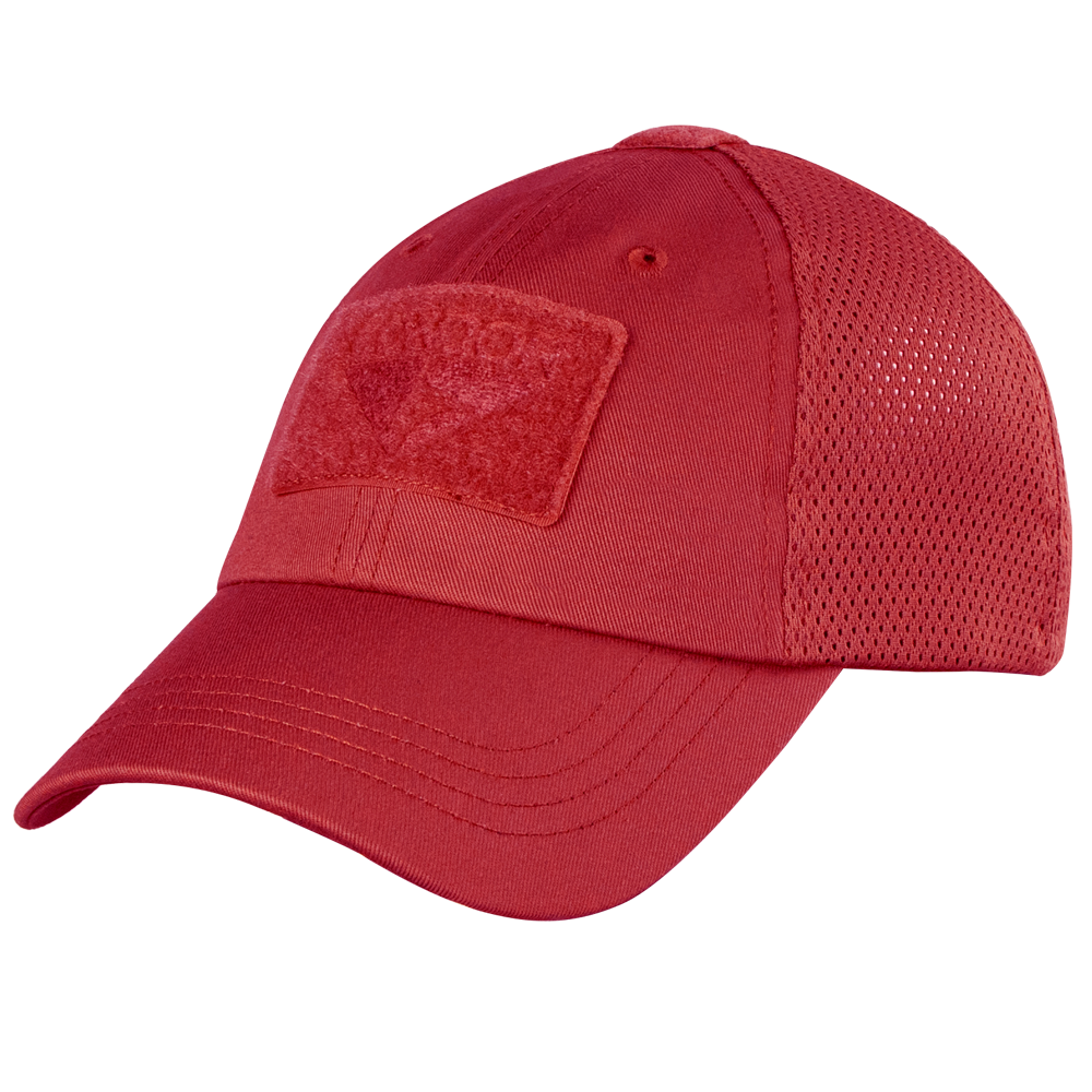 The Condor Tactical Mesh Cap in red features mesh back panels, a blank Velcro front patch, and an adjustable strap. Made from moisture-wicking polyester for cool, comfortable wear.