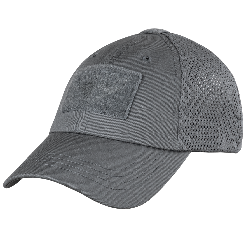 The Condor Tactical Mesh Cap in Graphite features a moisture-wicking polyester mesh back, a rectangular Velcro front patch, and an adjustable strap for comfort.