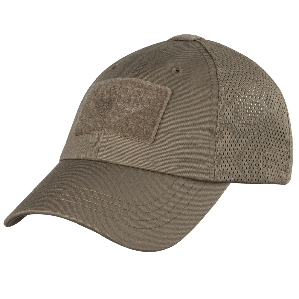 The Condor Tactical Mesh Cap in brown features a moisture-wicking polyester back, Velcro patch on the front, and an adjustable strap for a perfect fit.