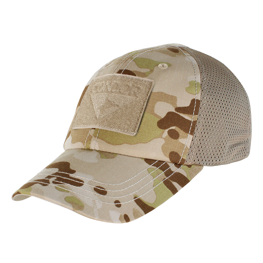 The Condor Tactical Mesh Cap - MultiCam Arid features a mesh back and front Velcro patch, ideal for EDC enthusiasts or law enforcement professionals.