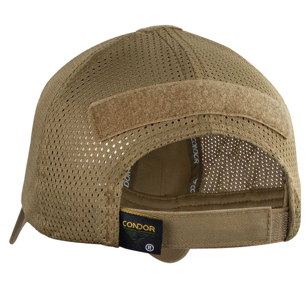 Condor Tactical Mesh Cap shown from the back, featuring an adjustable velcro strap, velcro patch area, moisture-wicking polyester mesh panels, and Condor branding.