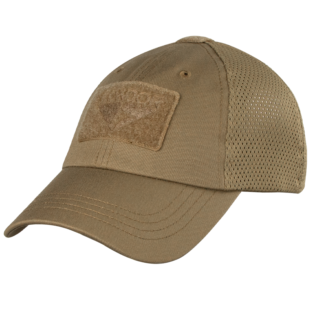 The Condor Tactical Mesh Cap in coyote brown features a mesh back, front Velcro patch, adjustable strap for comfort, and is shown from a side angle.