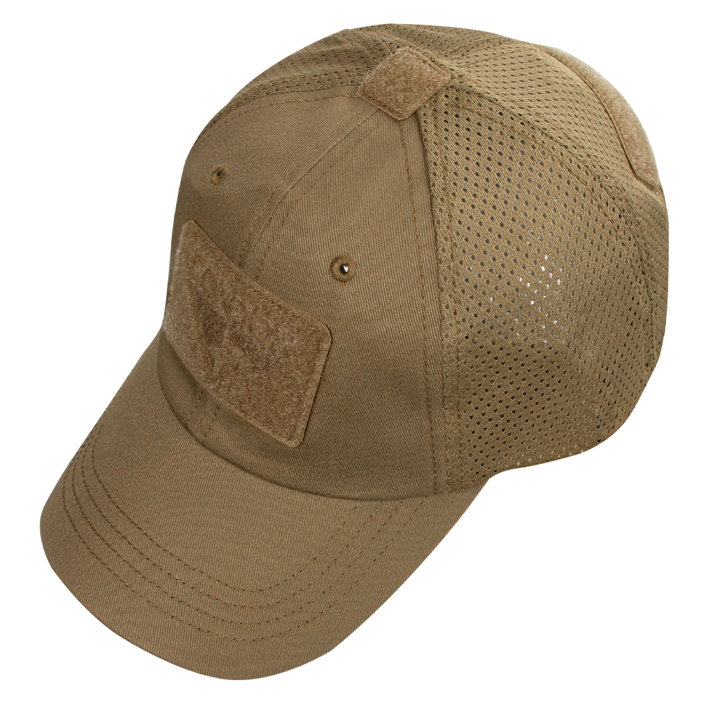 The Condor Tactical Mesh Cap features khaki polyester with side and back mesh panels, a front rectangular Velcro patch, adjustable strap, and moisture-wicking fabric to keep you cool and comfortable.