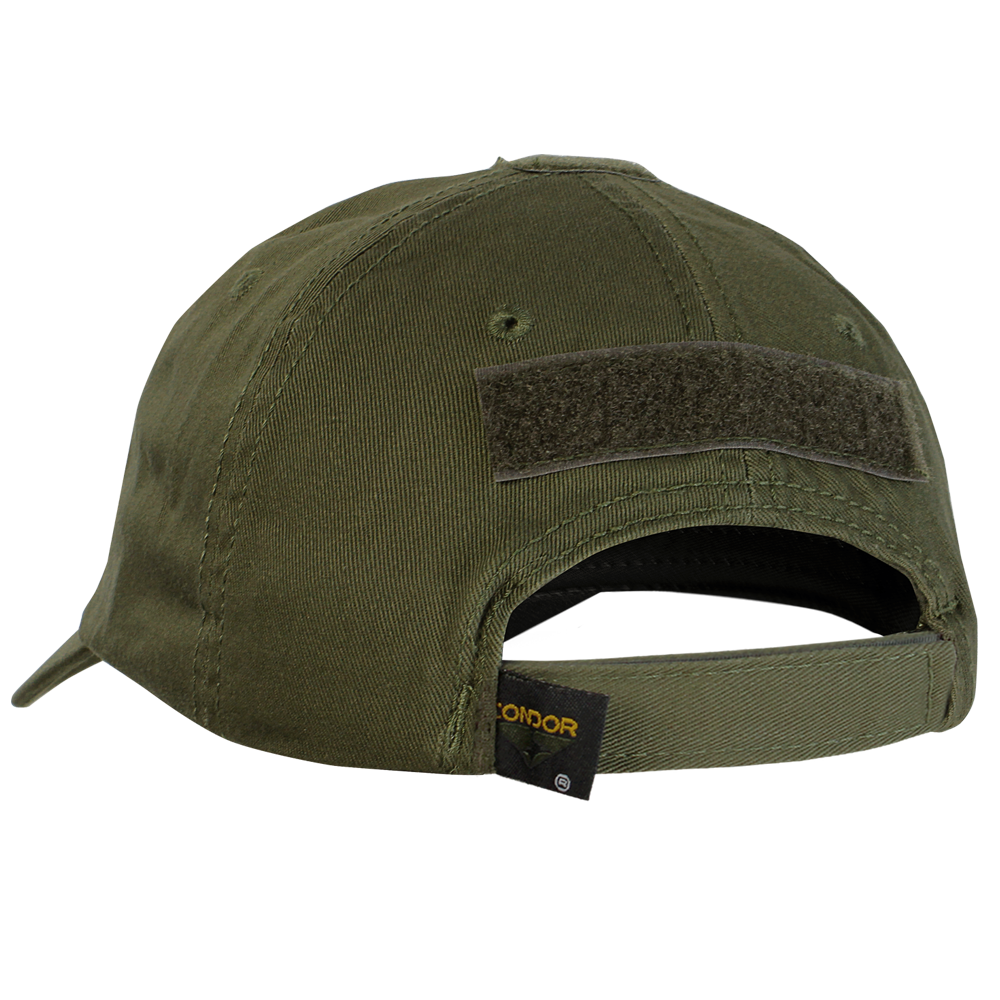The Condor Tactical Cap - MultiCam Arid is shown from the back, highlighting its adjustable strap, Velcro patch, and ventilation eyelets.