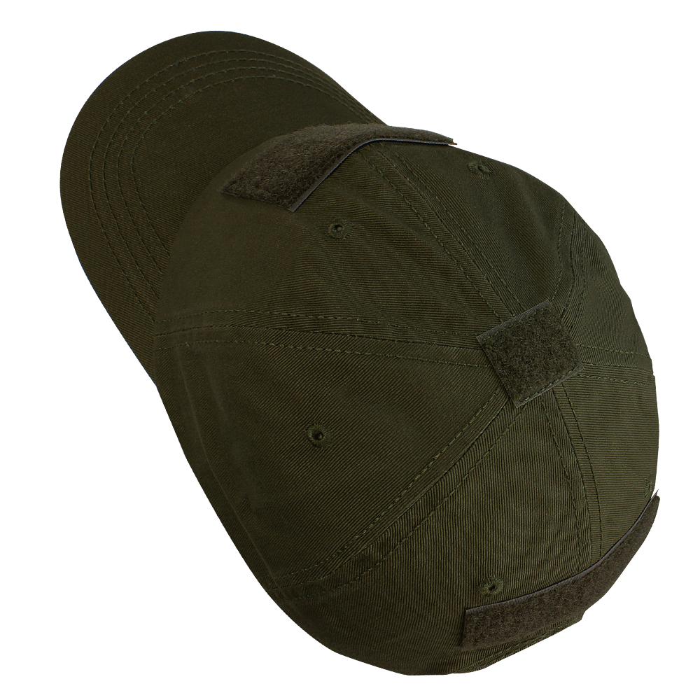 The Condor Tactical Cap - MultiCam Arid is shown from the back, featuring an olive green shade, a curved brim, and multiple Velcro patches.