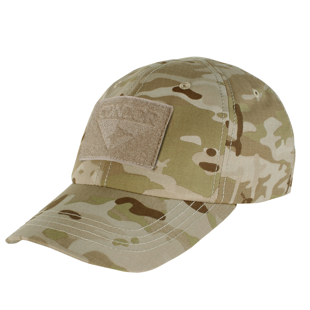 The Condor Tactical Cap - MultiCam Arid features a beige, brown, and green camouflage pattern with a rectangular Velcro patch on the front.