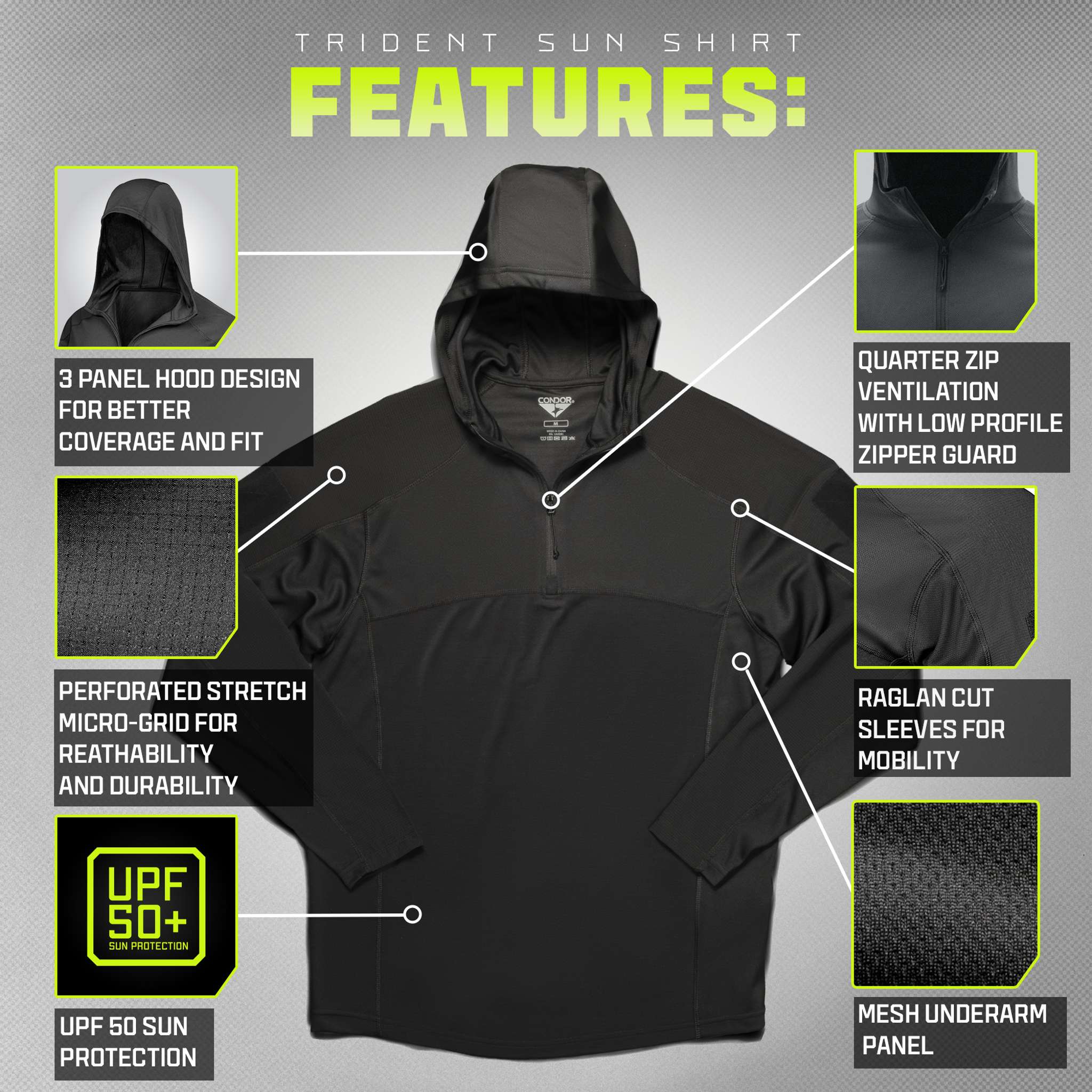 The Condor Trident Sun Shirt is a black hooded top featuring a 3-panel hood, quarter zip, raglan sleeves, mesh underarm panels, micro-grid fabric, and UPF 50+ sun protection.
