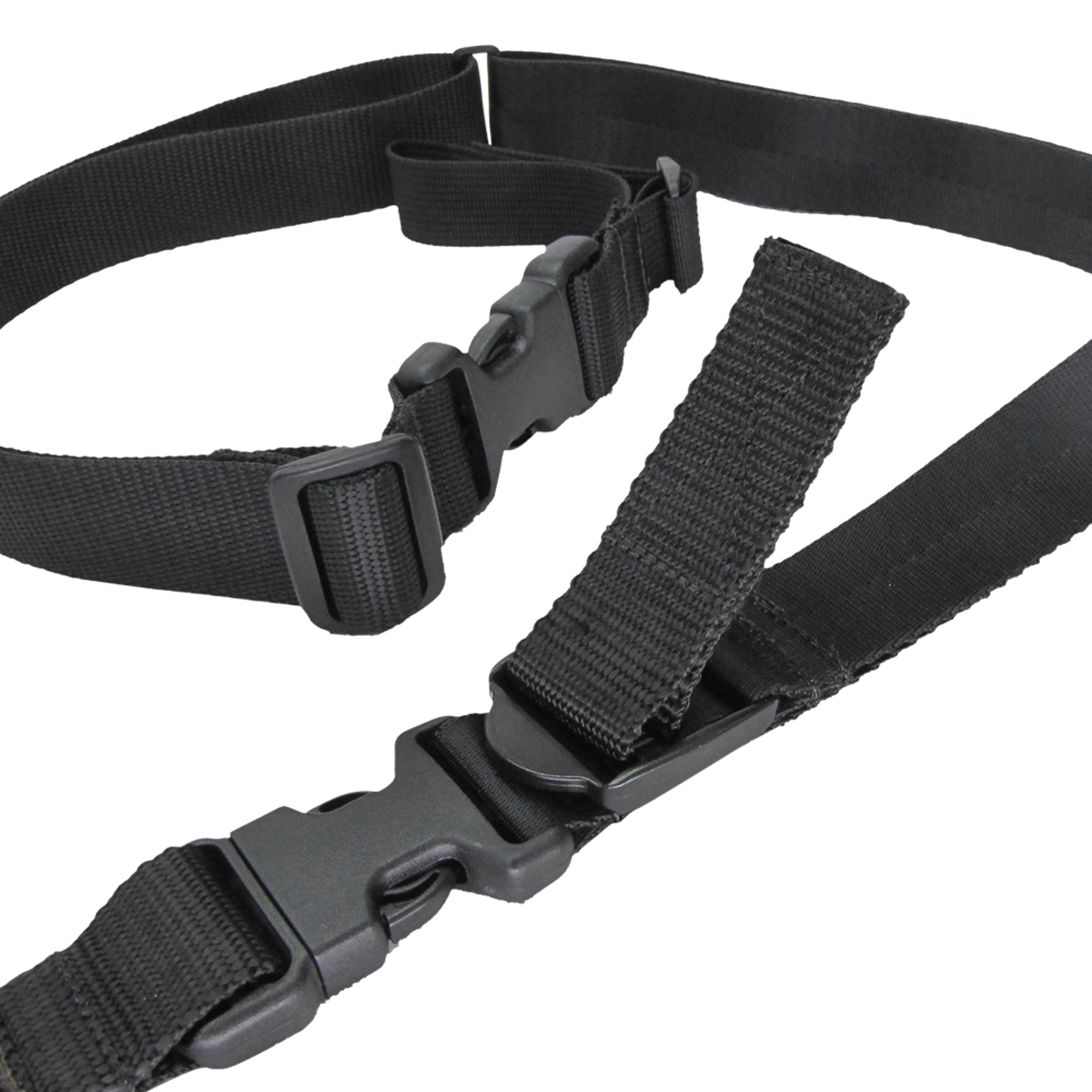 Close-up of Condor Speedy 2-Point Sling showing adjustable black nylon straps with plastic buckles and clips, displayed on a white background.