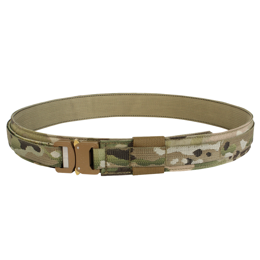 The Condor Cobra Gun Belt - MultiCam features a camouflage pattern and tan metal buckle, perfect for shooting range practice or law enforcement, shown against a white background.