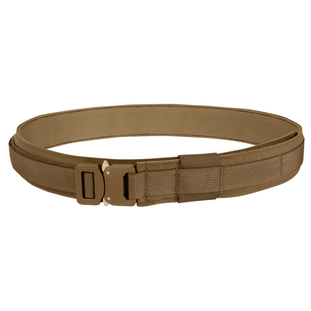 The Condor Cobra Gun Belt, a brown tactical utility belt with a quick-release buckle, is shown coiled in a circle on a white background.