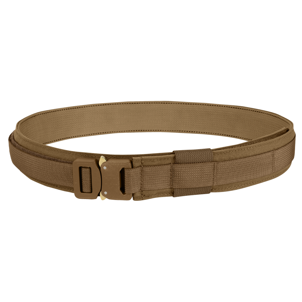 The Condor Cobra Gun Belt, a brown tactical utility belt with a quick-release buckle, is shown coiled in a circle on a white background.