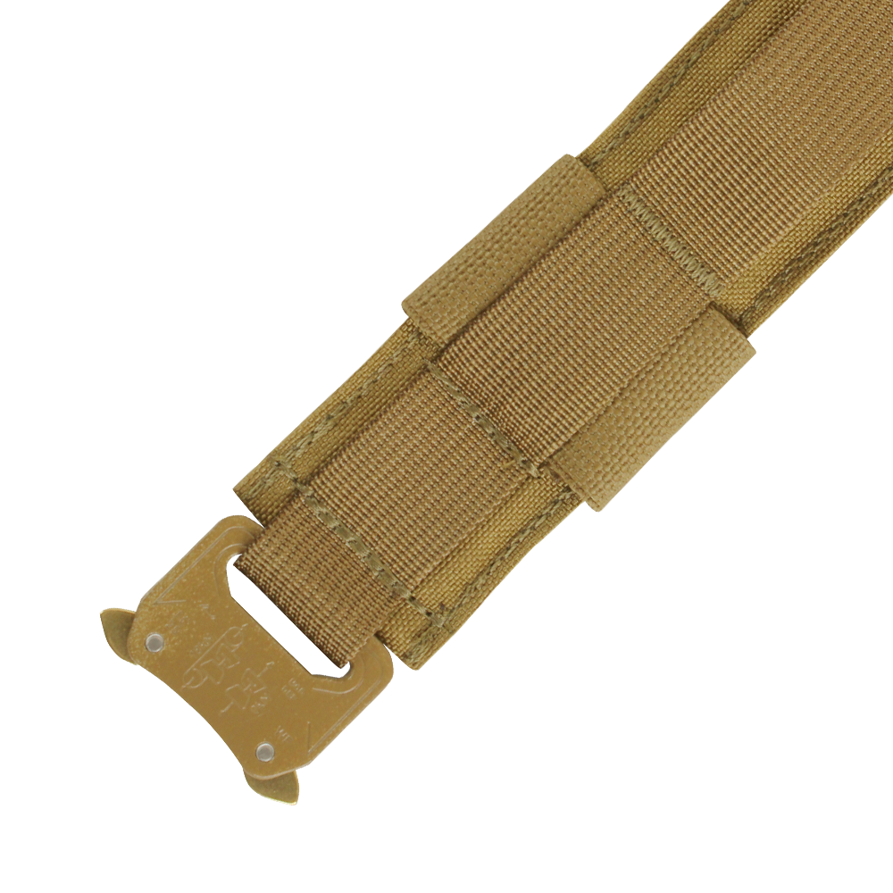 Close-up of the Condor Cobra Gun Belt - MultiCam, featuring a tan nylon strap with reinforced stitching and a metal buckle, designed for EDC or bushcraft use, shown against a transparent background.
