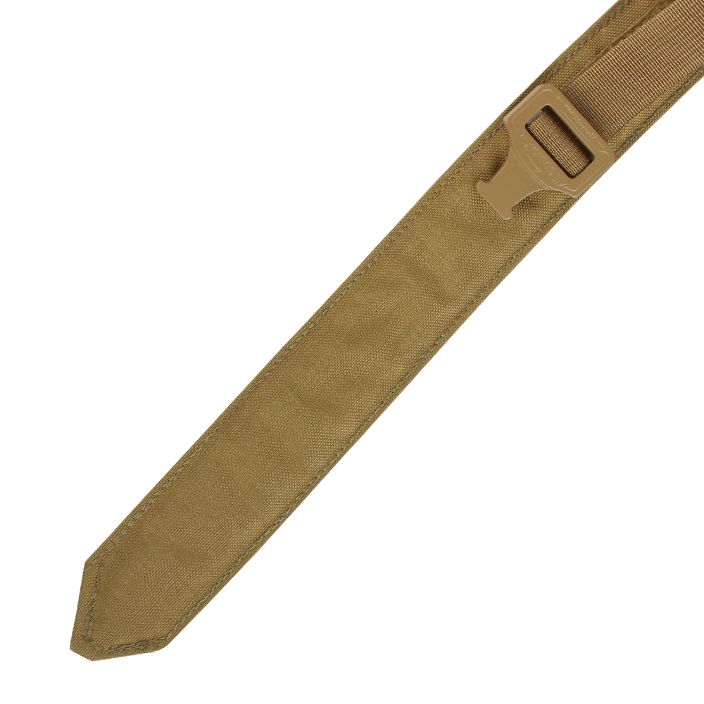Close-up of the Condor Cobra Gun Belt in MultiCam, featuring a tan nylon strap with a plastic buckle, set against a brown textured background—ideal for tactical or outdoor use.
