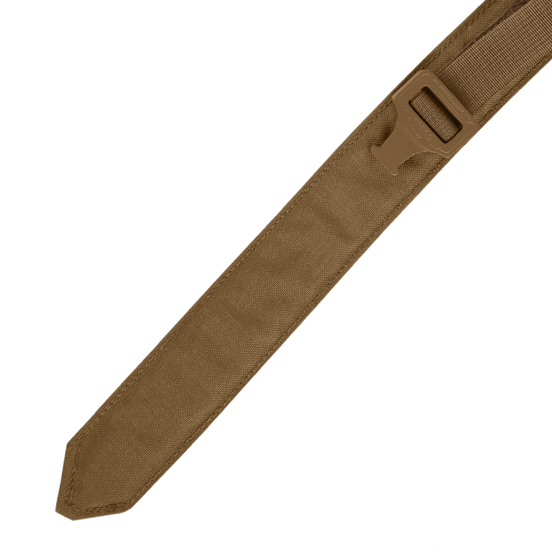 A close-up of the Condor Cobra Gun Belt shows its tan nylon strap and plastic buckle, displayed diagonally on a plain background.