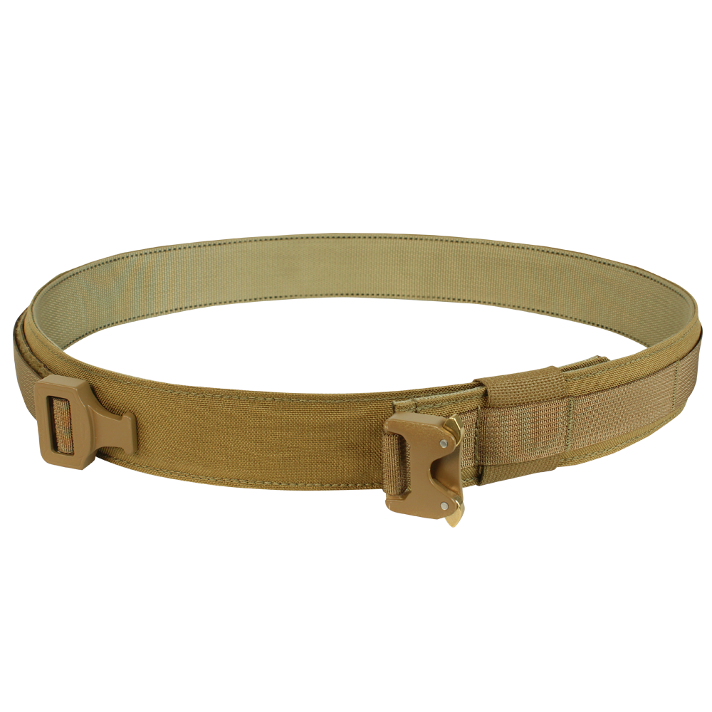 The Condor Cobra Gun Belt in MultiCam, featuring a metal buckle and reinforced stitching for military or law enforcement use, is displayed in a circular shape on a white background.