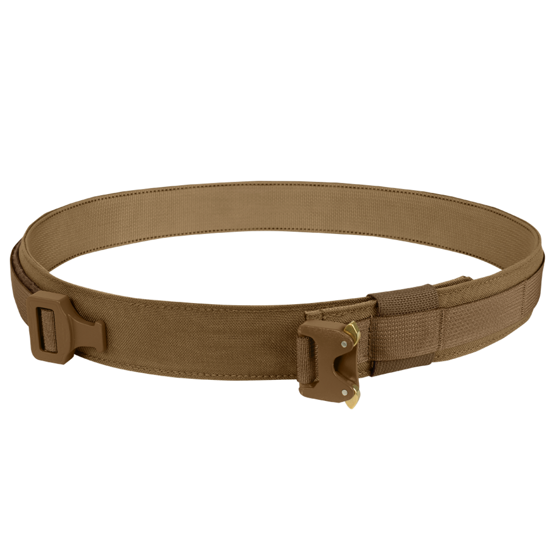 The Condor Cobra Gun Belt is a tan tactical utility belt with a metal buckle and reinforced stitching, ideal for carrying gear or tools.