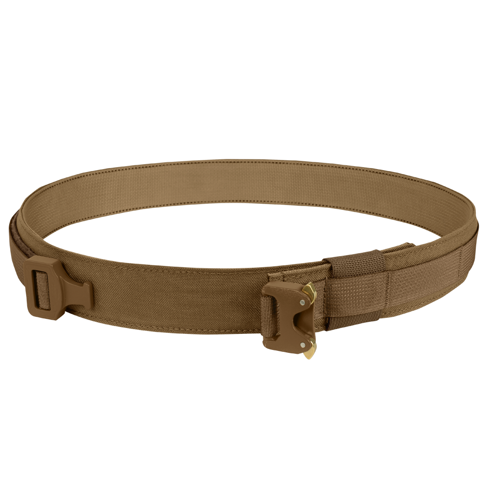 The Condor Cobra Gun Belt is a tan tactical utility belt with a metal buckle and reinforced stitching, ideal for carrying gear or tools.