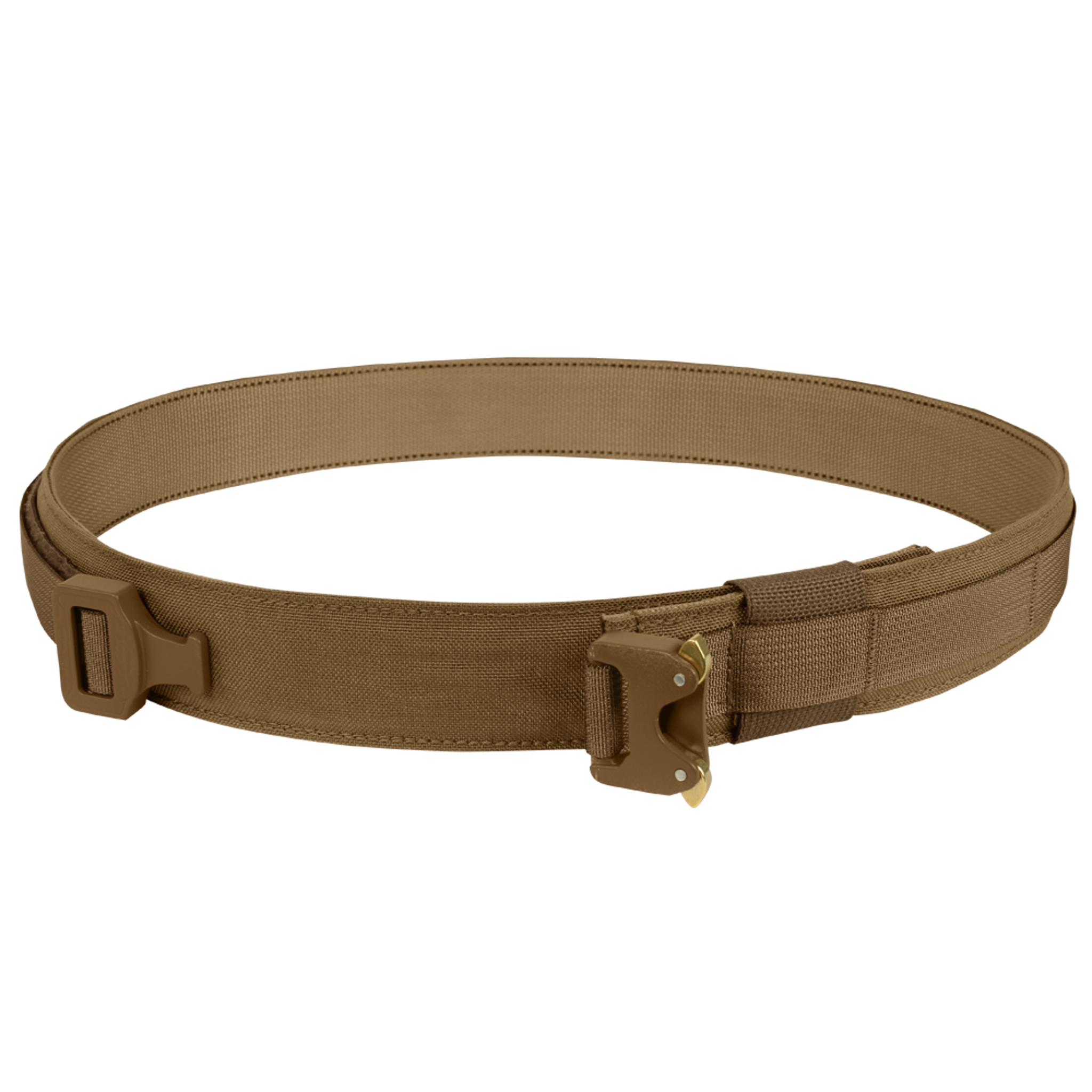 The Condor Cobra Gun Belt, featuring a sturdy buckle and reinforced stitching, is shown in tan on a plain white background.