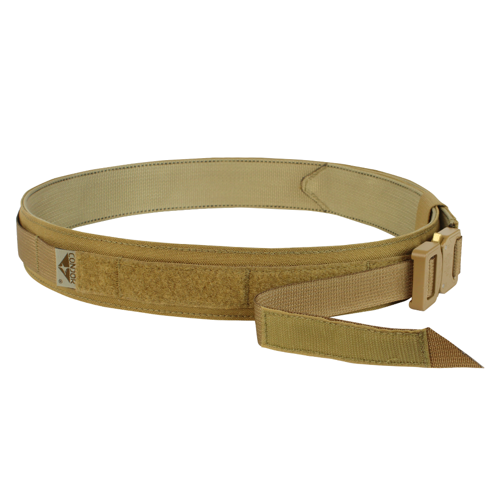 The Condor Cobra Gun Belt in MultiCam features a metal buckle and Velcro adjustment, ideal for law enforcement or military use, shown against a white background.