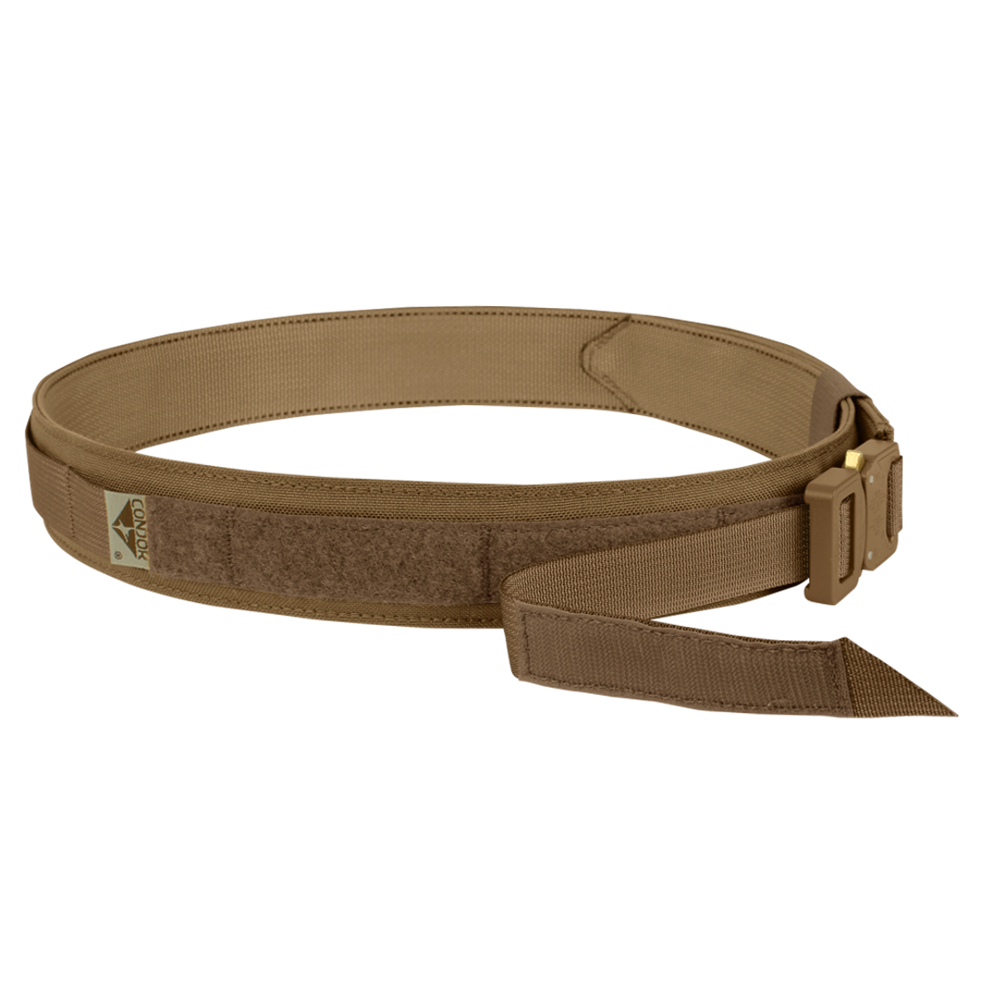 The Condor Cobra Gun Belt is a tan tactical belt with a metal buckle, velcro section, and an attached label featuring a small logo.