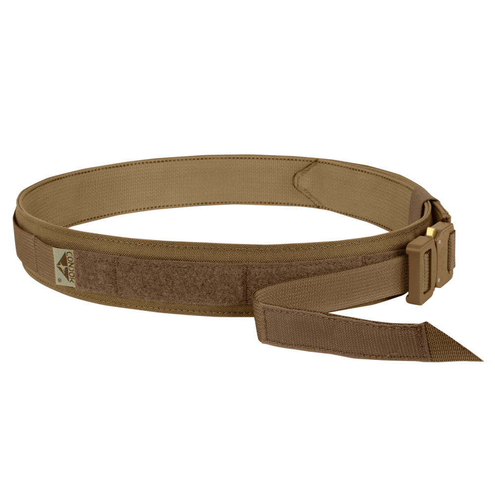The Condor Cobra Gun Belt is a tan tactical belt with a metal buckle, velcro section, and an attached label featuring a small logo.