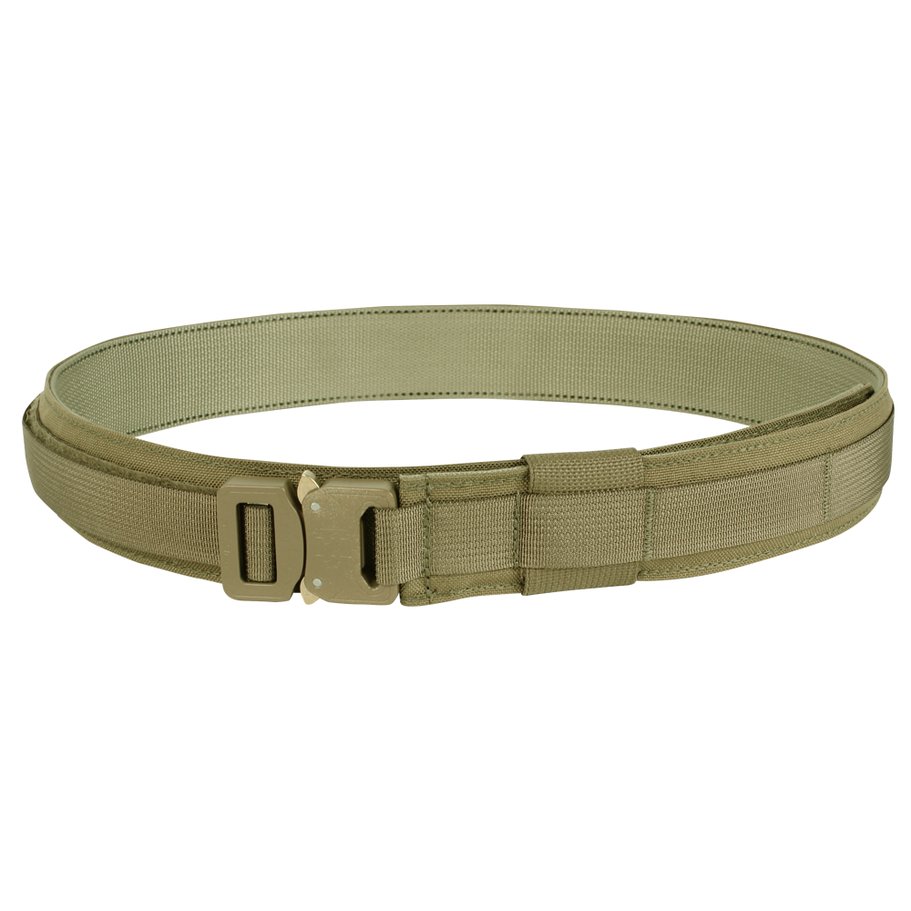 The Condor Cobra Gun Belt in tactical olive green nylon features a sturdy metal buckle and is displayed coiled on a plain background.