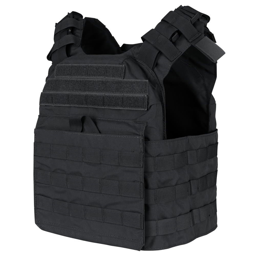The Condor Cyclone Plate Carrier in black features multiple attachment points, adjustable shoulder straps, and a Velcro patch area, shown against a plain background.
