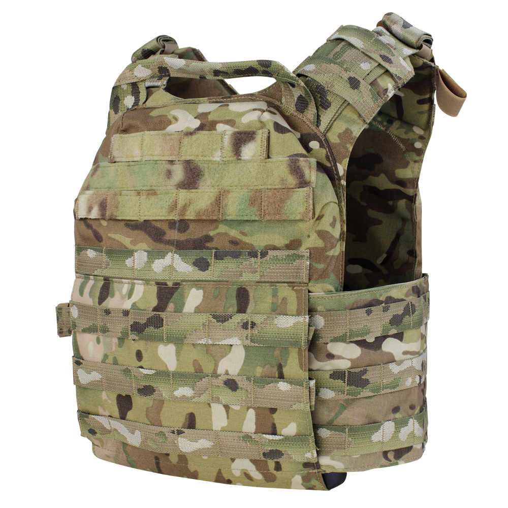The Condor Cyclone Plate Carrier in MultiCam features multiple attachment points and adjustable shoulder straps, designed for military or law enforcement use.