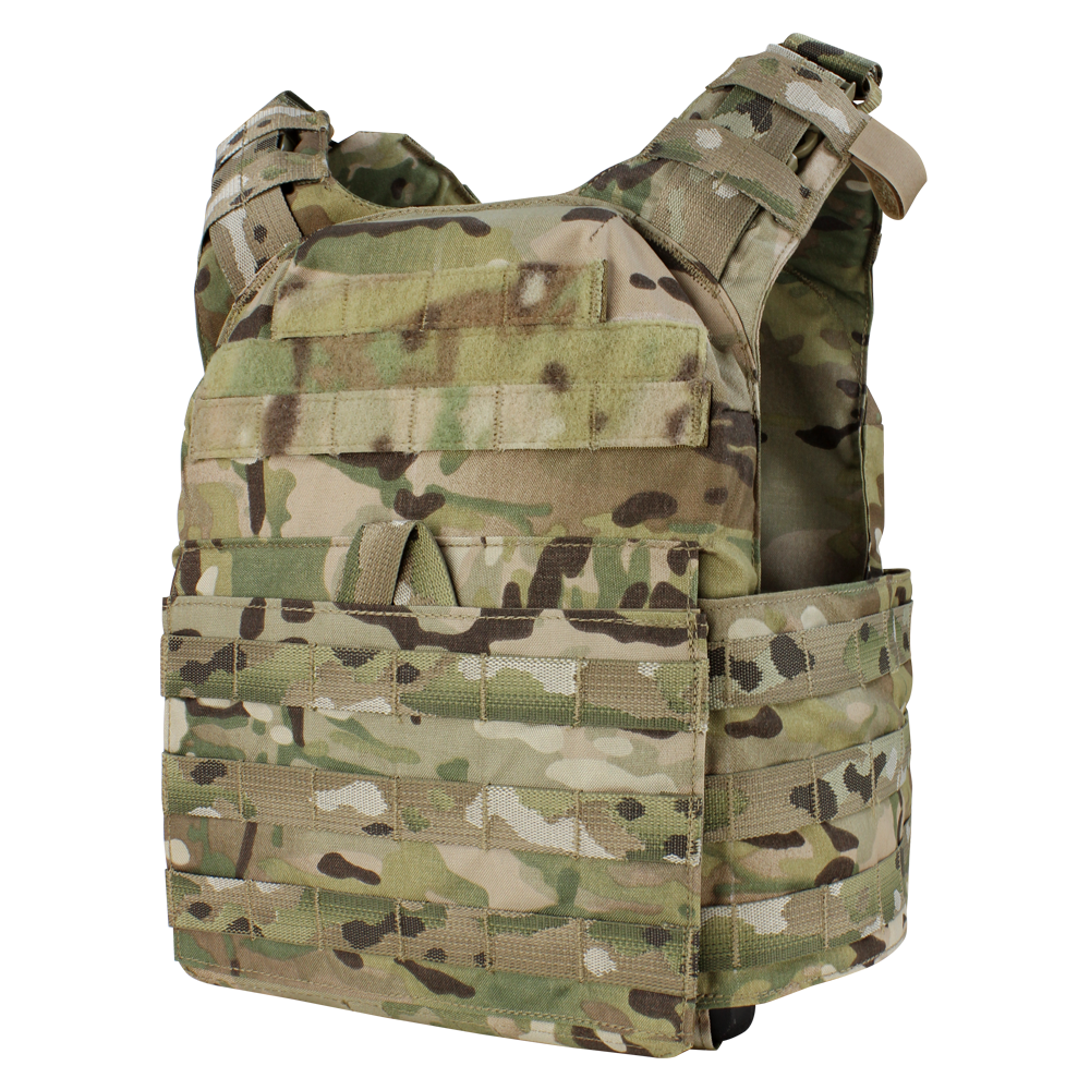 The Condor Cyclone Plate Carrier in MultiCam features adjustable shoulder straps and multiple attachment points, designed for carrying gear and armor plates.