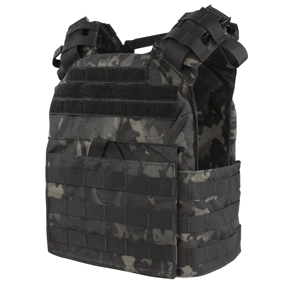 The Condor Cyclone Plate Carrier in MultiCam Black features multiple straps, pouches, and Velcro panels, designed for efficiently carrying equipment.