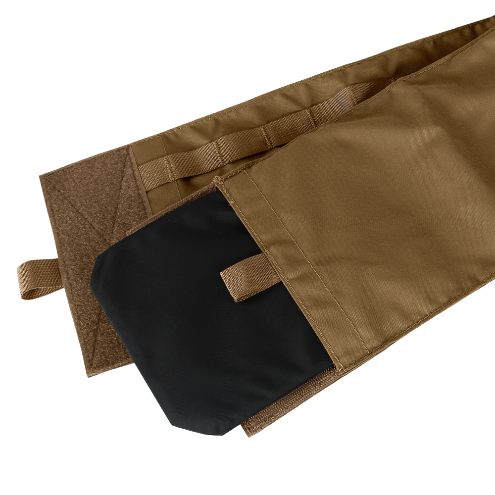 The Cyclone Plate Carrier by Condor features a tan fabric pouch with a pull tab, hook-and-loop flap closure, and a black rectangular object partially inserted.