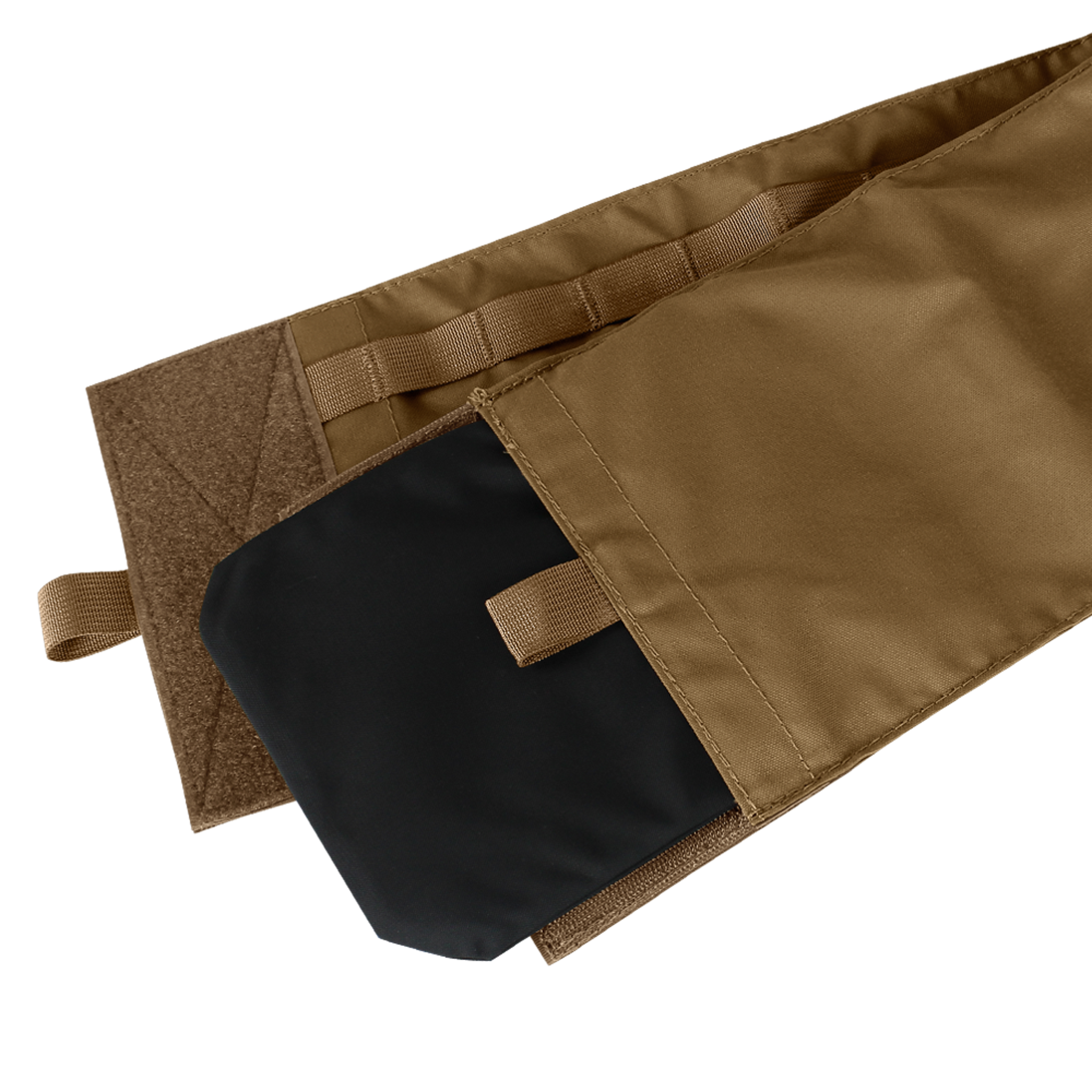 The Condor Cyclone Plate Carrier is a brown fabric sleeve with a black protective insert partially exposed, featuring loops and a hook-and-loop closure.