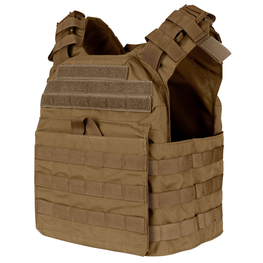 The Condor Cyclone Plate Carrier is a brown tactical vest with MOLLE webbing and Velcro patches, designed to hold armor plates and support modular gear attachments.