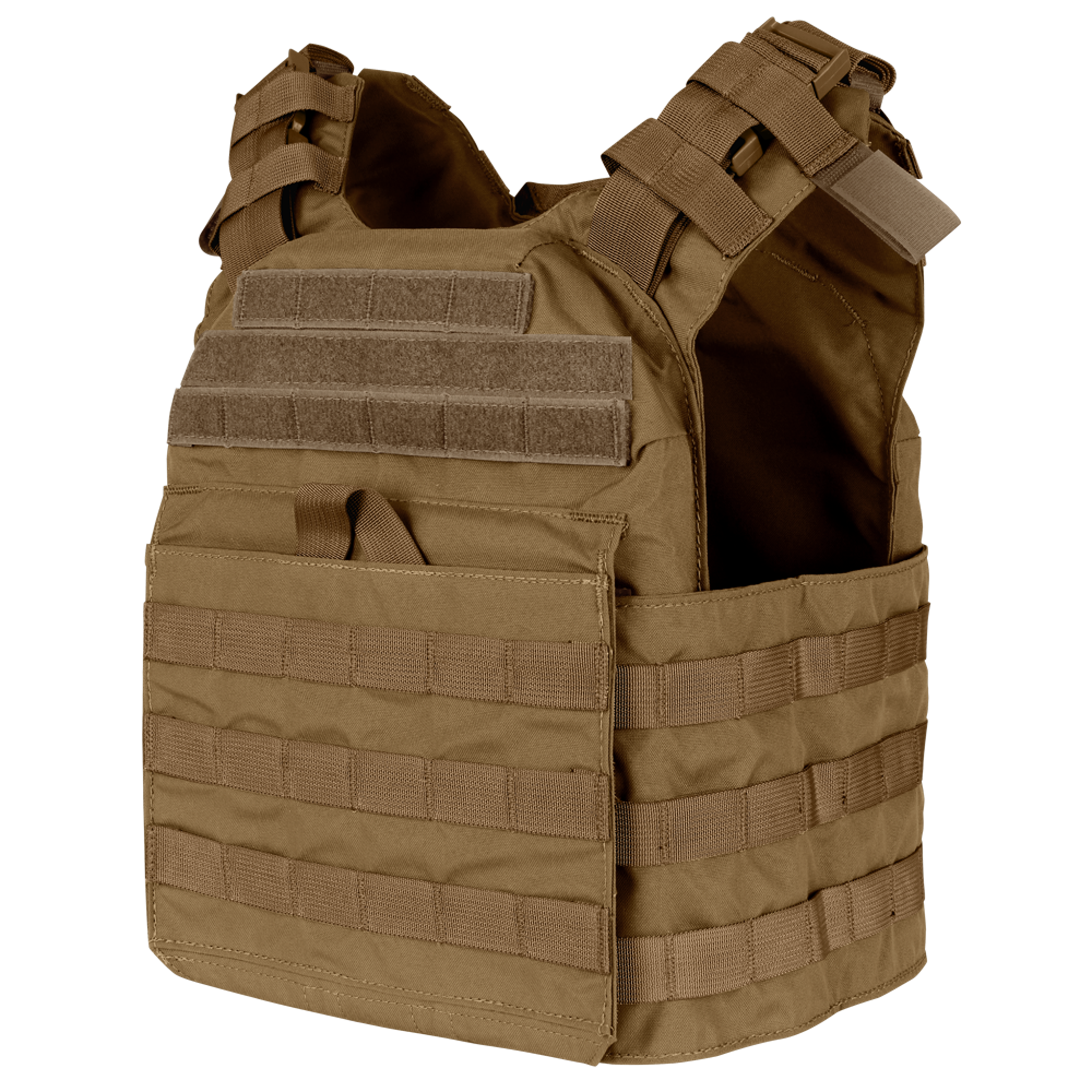 The Condor Cyclone Plate Carrier is a tan tactical vest with adjustable shoulder straps, front Velcro panels, and MOLLE webbing for gear attachment.