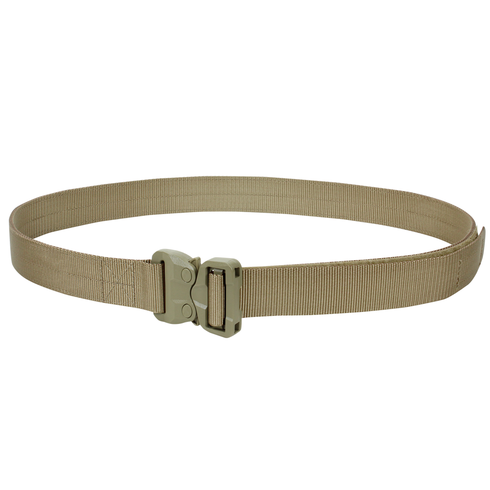 The Condor GT Cobra Belt in tan features durable nylon webbing and a plastic quick-release buckle, shown in a circular arrangement on a transparent background.