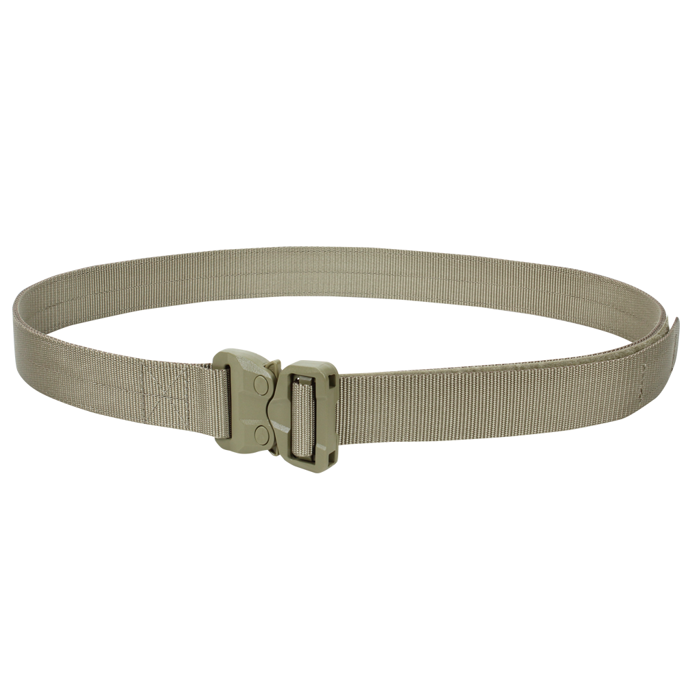 The Condor GT Cobra Belt, a tan nylon tactical belt with a plastic quick-release buckle, is perfect for bushcraft adventures or the shooting range. Shown here on a white background.