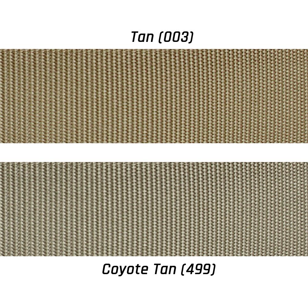 Two GT Cobra Belt fabric swatches by Condor—Tan (003) and Coyote Tan (499)—highlight the color difference, with Coyote Tan, popular for EDC and law enforcement use, showing as a darker shade than Tan.