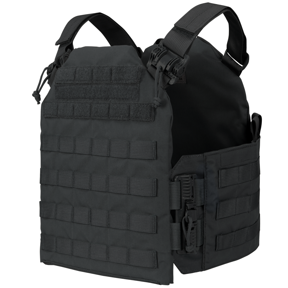 The Condor Cyclone RS Plate Carrier is a black tactical vest with MOLLE webbing and adjustable straps, perfect for law enforcement or range use. Shown on a white background.