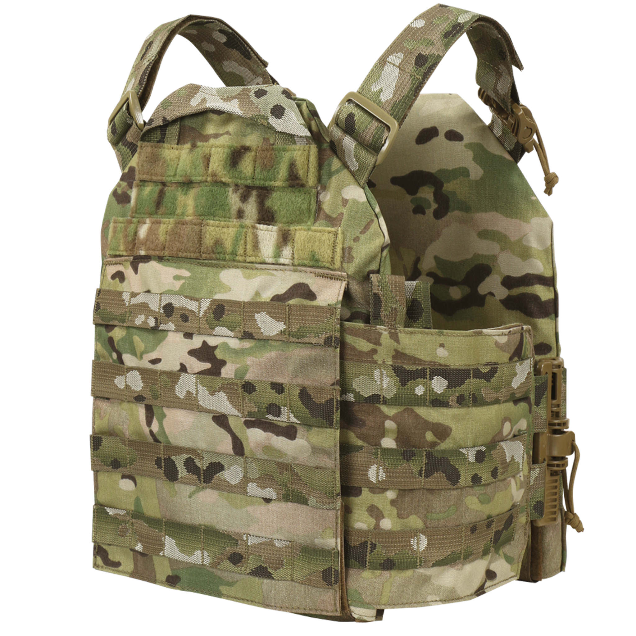 The Condor Cyclone RS Plate Carrier - MultiCam features a camouflage design, adjustable shoulder straps, and side buckles, making it ideal for military or law enforcement use.
