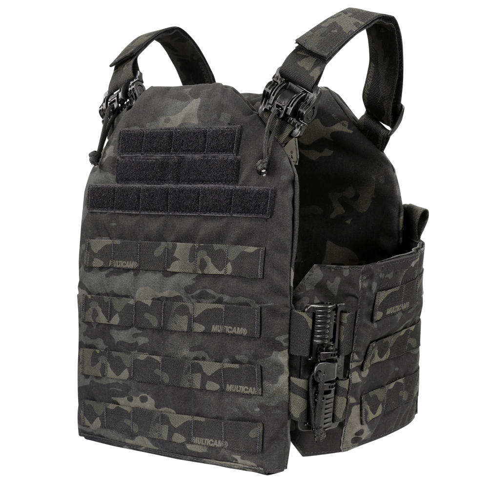 The Condor Cyclone RS Plate Carrier in MultiCam Black features MOLLE webbing, adjustable shoulder straps, hook-and-loop panels, and clip closures.