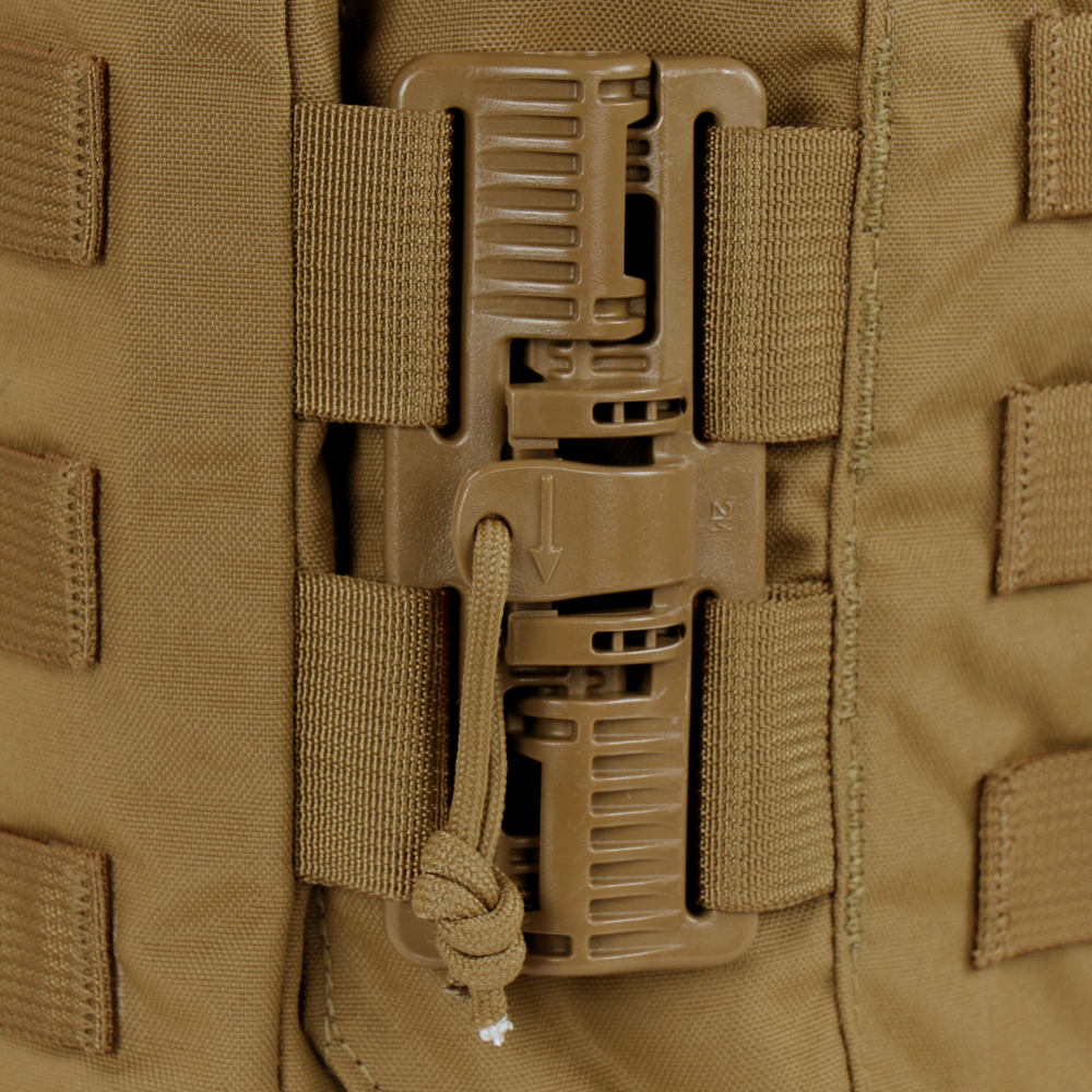 Close-up of the Condor Cyclone RS Plate Carrier in MultiCam, featuring a brown plastic quick-release buckle fastened to tan webbing loops and a knotted cord.