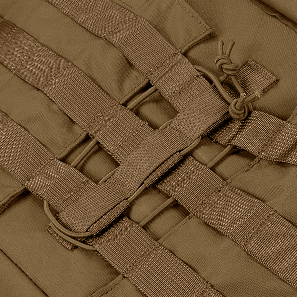 Close-up of brown nylon MOLLE webbing straps and loops on the Condor Cyclone RS Plate Carrier, designed for military and law enforcement professionals.